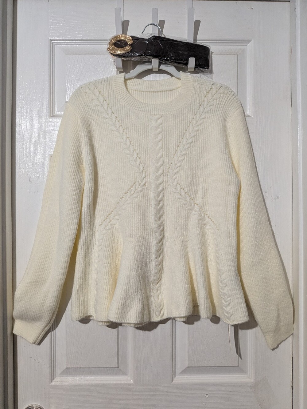 Commense Peplum Cable-Knit Top with Wide Belt - Picture 10 of 16